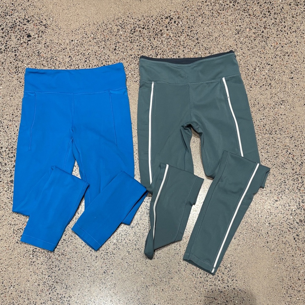 Athleta Kids Leggings - Bright Blue & Olive Green with Reflective Stripes